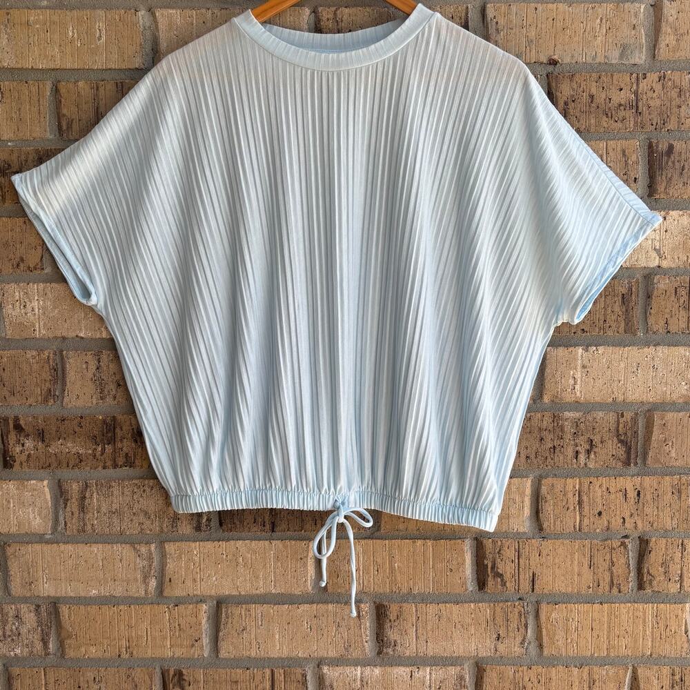 Women’s Baby Blue Ribbed Small Cropped Coastal Aesthetic Drawstring Waist Top